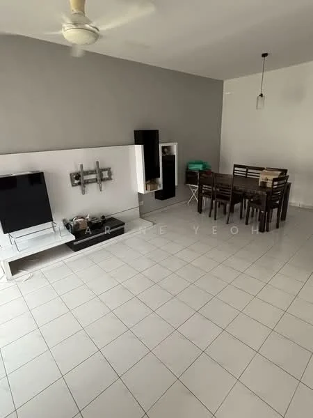 Living features: white painted walls, grey accent wall, ceramic tile flooring, 5-blade ceiling fan, pendant light, wall-mounted TV, TV console, dining table with 6 chairs, sideboard cabinet, folding chair, decorative items on shelves; style: modern.