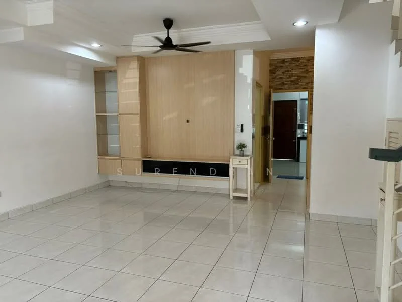 Living features: white painted walls, ceramic tile flooring, 5-blade ceiling fan with light, built-in wooden cabinetry, recessed lighting, open layout to adjacent room, neutral color scheme, wall-mounted intercom, decorative wall paneling; style: modern. Room features: doorway leading to kitchen, light-colored walls, additional wall-mounted lighting.