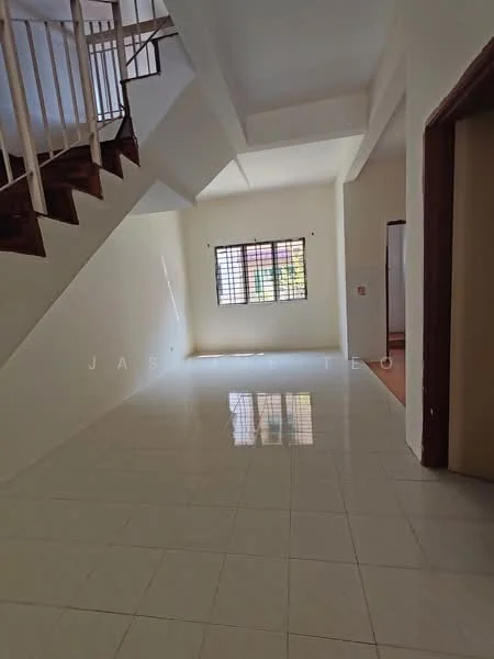 Room features: white painted walls, glossy white tile flooring, staircase with wooden steps, window with grid pattern, natural light from window, high ceiling, open space layout; style: modern; view: garden.