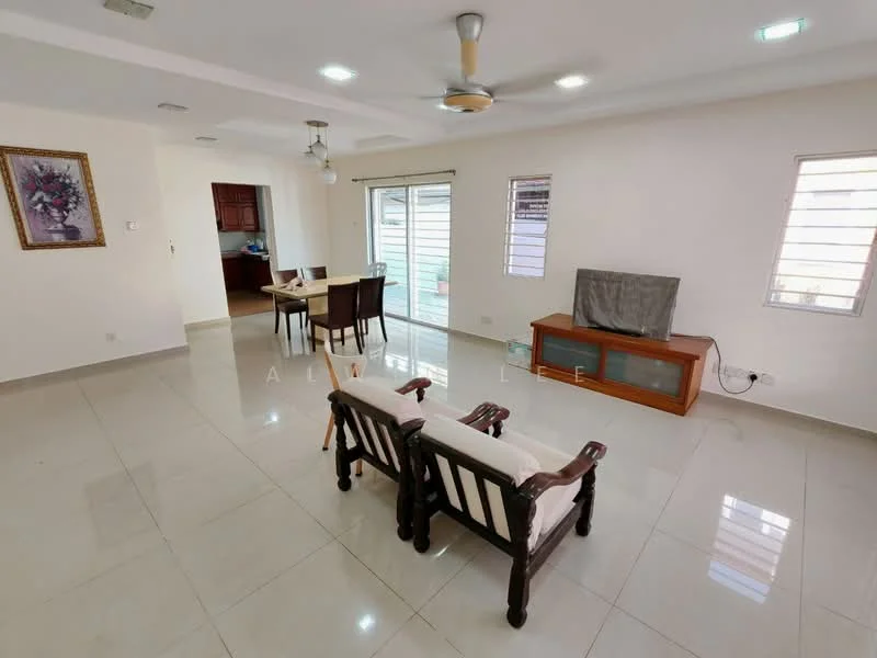 Living features: white painted walls, glossy ceramic tile flooring, ceiling fan with light, wall-mounted TV, wooden TV cabinet, large windows with blinds, 2-seater wooden sofa, dining table with chairs, recessed lighting; style: modern.