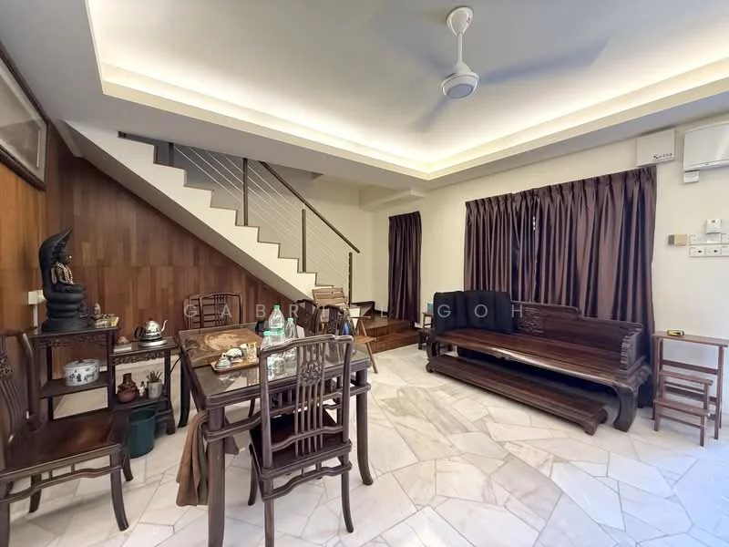 Living features: marble flooring, wooden staircase, recessed ceiling with LED lighting, 5-blade ceiling fan, large windows with brown curtains, wooden sofa set, dining table with chairs, decorative wall art, wooden side table, wall-mounted air conditioning unit; style: modern.