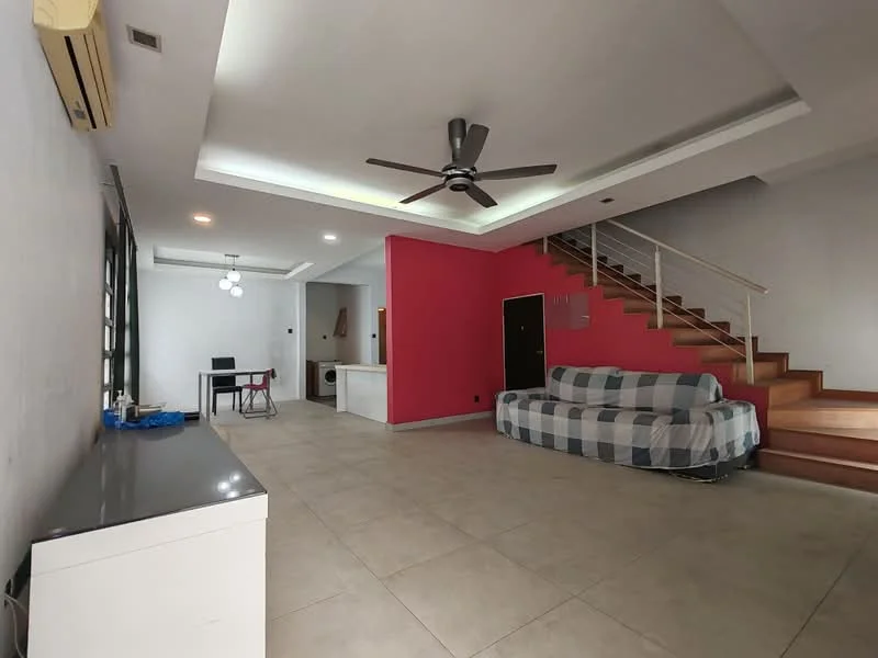 Living features: grey and white checkered sofa, 5-blade ceiling fan with light, recessed downlights, white walls, pink accent wall, tile flooring, staircase with wooden steps, open layout, TV console, dining table with chairs, air conditioning unit; style: modern.