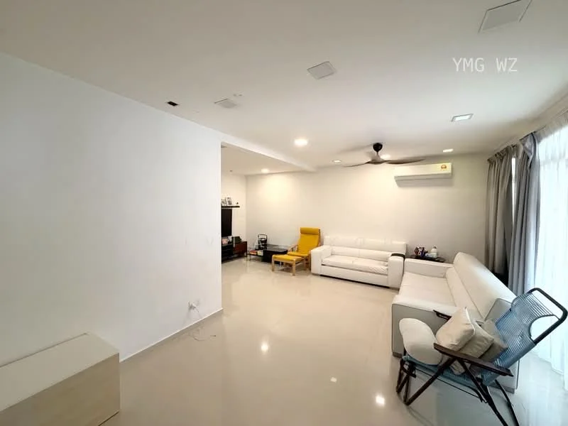 Living features: white painted walls, polished tile flooring, 5-blade ceiling fan with light, recessed downlights, sofa in white leather, yellow accent chair, TV console, wall-mounted TV, curtains in grey, sliding glass door, decorative throw pillows, coffee table, area rug; style: modern.