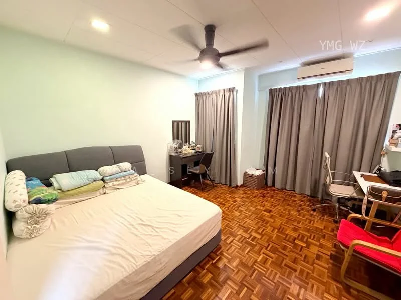 Bedroom features: queen-size bed, upholstered headboard, wooden flooring, 5-blade ceiling fan with light, floor-to-ceiling windows, grey curtains, study desk, chair, dressing table, decorative wall, air conditioning unit; style: modern.
