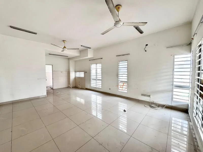 Room features: white painted walls, glossy ceramic tile flooring, 2 ceiling fans, multiple windows with horizontal slats, natural light from windows, open layout, no visible furniture, electrical outlets on walls; style: minimalist.