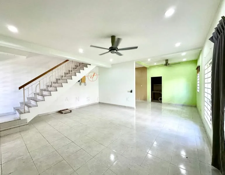 Living features: white painted walls, light green accent wall, ceramic tile flooring, 5-blade ceiling fan with light, recessed downlights, staircase with wooden handrail, window with blinds, open layout; style: modern.