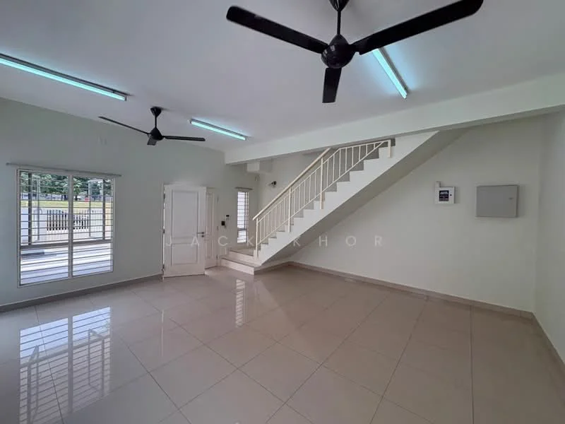 Room features: white painted walls, glossy ceramic tile flooring, 2 ceiling fans, staircase with white railing, floor-to-ceiling windows, sliding glass door, air conditioning unit, light fixtures with fluorescent lights; style: modern; view: garden.