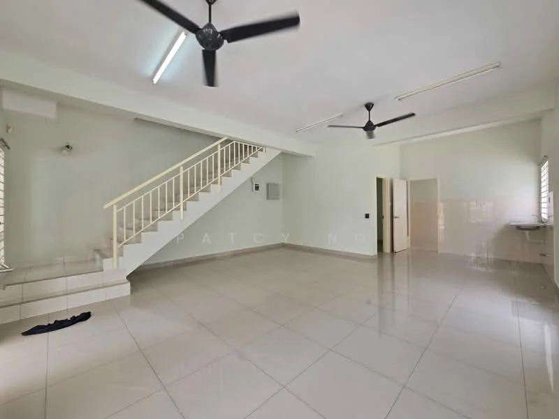 Living features: white painted walls, glossy ceramic tile flooring, 2 ceiling fans, large windows with blinds, staircase with white railing, neutral color scheme, open layout, corner for utility area; style: modern.