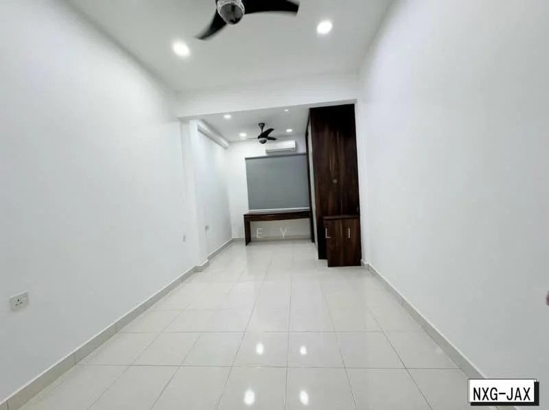 Room features: white painted walls, glossy tile flooring, 5-blade ceiling fan with light, recessed LED downlights, built-in cabinetry, large window, air conditioning unit, neutral color scheme; style: modern.