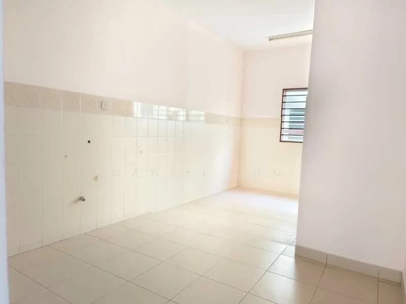 Room features: white painted walls, light beige tile flooring, window with metal grille, wall tiles up to half height, no visible appliances or fixtures.