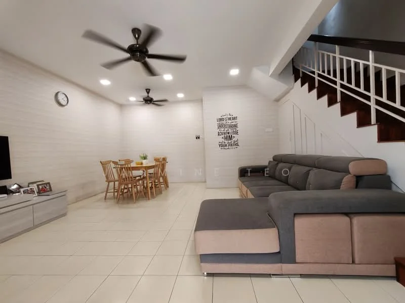 Living features: L-shape sectional sofa in grey and beige, coffee table, wall-mounted TV, white painted walls, tile flooring, 5-blade ceiling fan, recessed LED downlights, decorative wall clock, area rug, open shelving unit, staircase with wooden railing; style: modern. Dining features: 6-seater wooden dining table, wooden dining chairs, white painted walls, tile flooring, recessed LED downlights; style: modern.