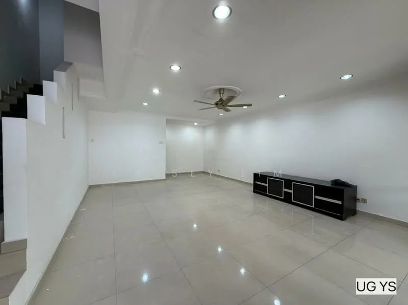 Living features: white painted walls, polished ceramic tile flooring, recessed downlights, 5-blade ceiling fan with light, black TV console, open space layout, no visible window treatments, staircase visible in background; style: modern.