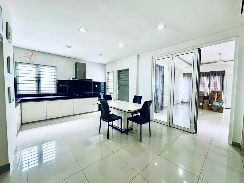 Dining features: white tiled flooring, white painted walls, recessed downlights, dining table with four black chairs, floor-to-ceiling windows, sliding glass door, black kitchen cabinetry, stainless-steel range hood, kitchen countertop with sink, open layout to living area; style: modern. Room features: grey curtains, boxes in living area, ceiling fan.