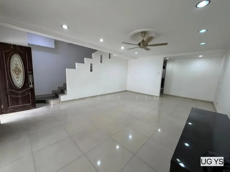 Living features: white painted walls, polished tile flooring, 5-blade ceiling fan with light, recessed downlights, staircase leading to upper floor, wooden front door with glass panel, TV console, open layout, large windows for natural light; style: modern.