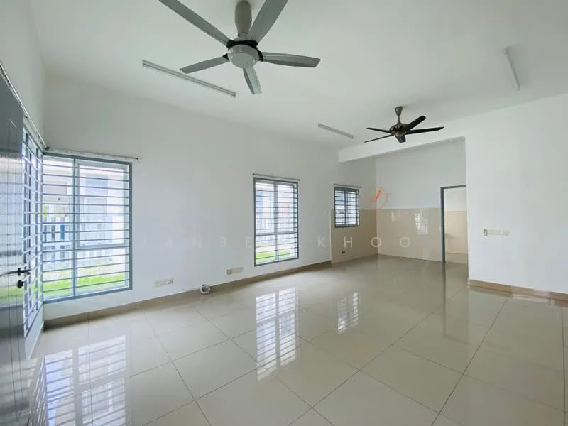 Living features: white painted walls, glossy ceramic tile flooring, 2 ceiling fans, floor-to-ceiling windows, sliding glass door, window grills, natural light, open layout; style: modern; view: garden.