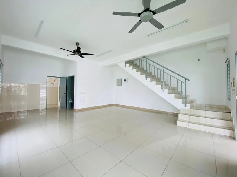 Living features: white painted walls, polished ceramic tile flooring, 2 ceiling fans, staircase with metal railing, large windows for natural light, open layout, neutral color scheme, no visible furniture; style: modern.