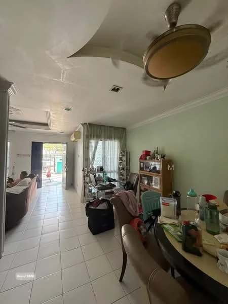 Living features: white painted walls, tray ceiling, 5-blade ceiling fan with light, ceramic tile flooring, floor-to-ceiling windows, sheer curtains, sofa in beige, dining table with chairs, wooden dining chairs, sideboard cabinet, decorative items on table; style: modern.