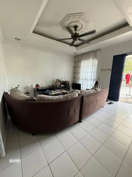 Living features: L-shape sectional sofa in brown, coffee table, TV console, wall-mounted TV, white painted walls, tray ceiling, ceiling fan, curtains, tile flooring, decorative items on table, sliding door to outdoor area; style: modern.