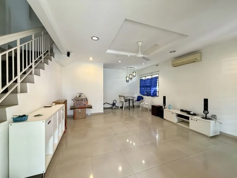 Living features: white painted walls, polished ceramic tile flooring, tray ceiling, 5-blade ceiling fan with light, recessed downlights, large window with blue curtains, TV console, freestanding TV cabinet, dining table with chairs, open space layout, air conditioning unit, staircase with white railing; style: modern.