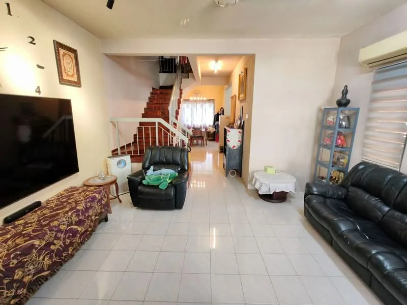 Living features: white painted walls, glossy tile flooring, 5-blade ceiling fan, wall-mounted TV, black leather sofa, 2-seater black leather sofa, coffee table, decorative wall clock, staircase leading to upper floor, large window with blinds, green throw blanket on sofa, decorative cabinet with glass doors; style: contemporary. Room features: white painted walls, glossy tile flooring, staircase leading to upper floor, large window with curtains.