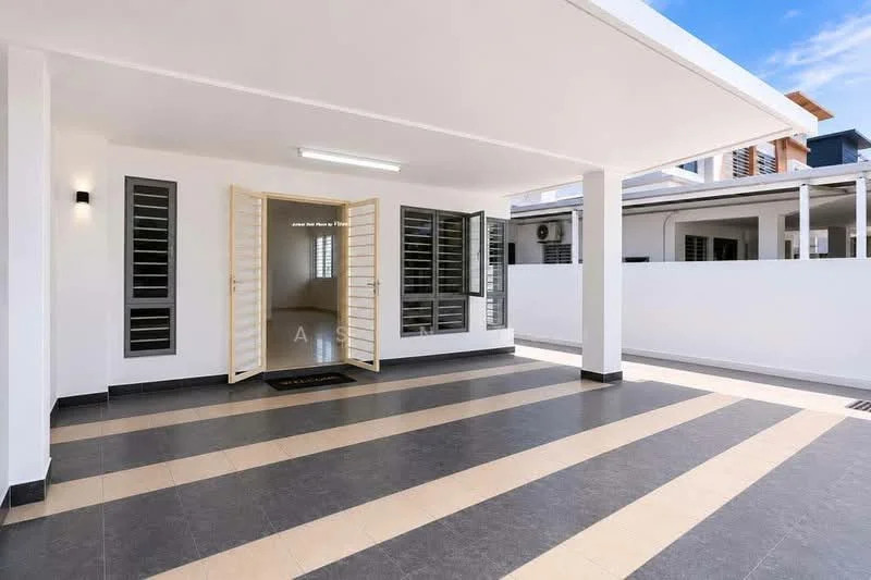 Exterior type: detached bungalow; features: covered porch, grey tiled flooring, white painted walls, sliding glass doors, vertical louvered windows, outdoor lighting, manicured landscaping, open space, white perimeter wall; style: modern.