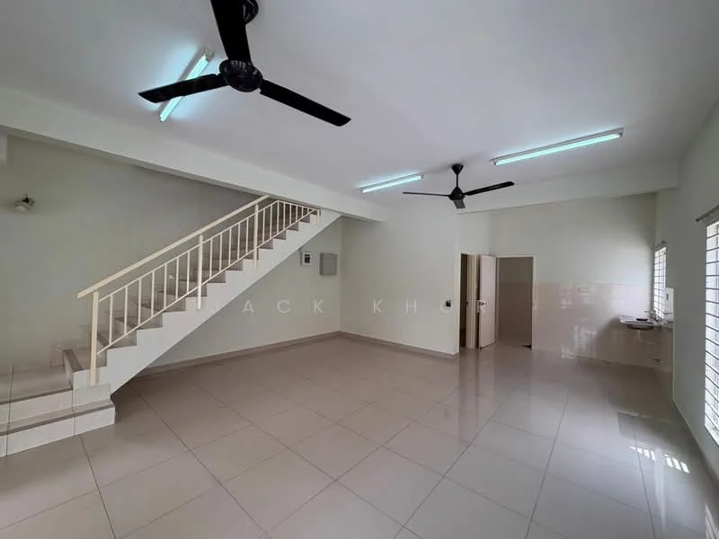 Living features: white painted walls, glossy ceramic tile flooring, 2 ceiling fans, staircase with white railing, windows with blinds, recessed lighting, open layout, neutral color scheme; style: modern.