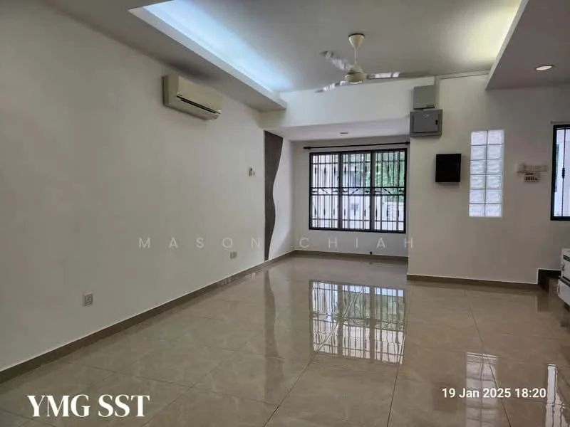Living features: cream painted walls, polished ceramic tile flooring, 5-blade ceiling fan, wall-mounted split AC, floor-to-ceiling windows, sliding glass door, natural light from skylight, window with security bars, decorative wall panel, neutral color scheme; style: modern.