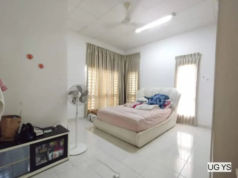 Bedroom features: queen-size bed with upholstered headboard, white bedding, floor-to-ceiling windows, sheer curtains, light-coloured walls, white tiled flooring, ceiling fan, built-in wardrobe, decorative wall art, nightstand, table lamp, clothes on bed; style: modern.