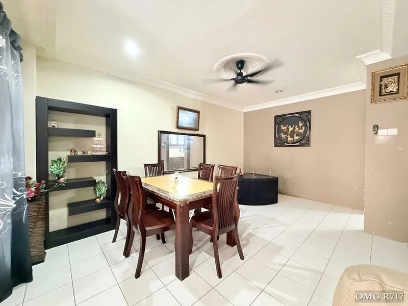 Dining features: dining table with 6 chairs, ceiling fan, white tiled flooring, cream painted walls, black display shelf, framed artwork on wall, large mirror, decorative plants, recessed lighting; style: modern.