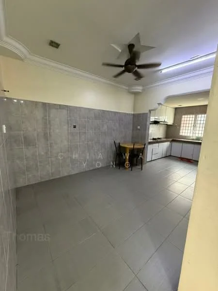 Kitchen features: grey tiled walls, light grey floor tiles, white cabinetry, stainless-steel sink, chrome faucet, 4-blade ceiling fan, window with grid pattern, dining table for two, countertop with space for appliances, built-in oven, microwave, recessed lighting; style: modern.