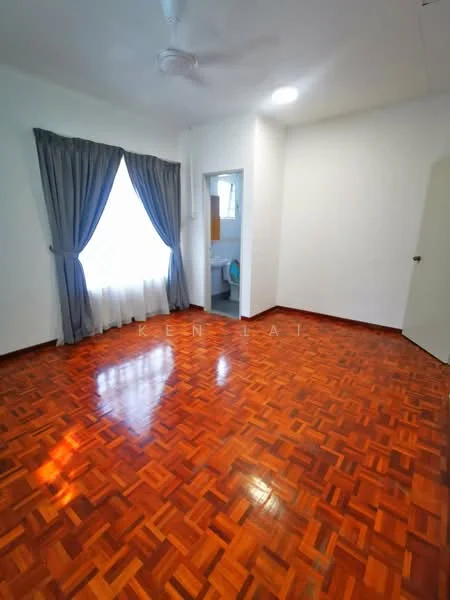 Room features: wooden flooring, white painted walls, curtains in grey, ceiling fan, window with natural light, door to bathroom, light fixture in ceiling.
