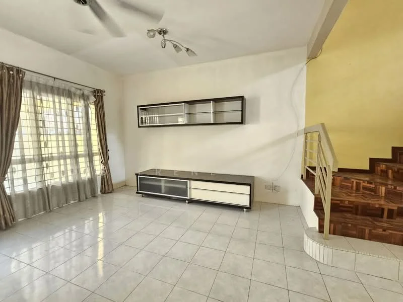 Living features: white painted walls, ceramic tile flooring, 5-blade ceiling fan, recessed downlights, large windows with sheer curtains, TV console with glass and wood finish, staircase with wooden treads, decorative wall shelf, neutral color scheme; style: modern.