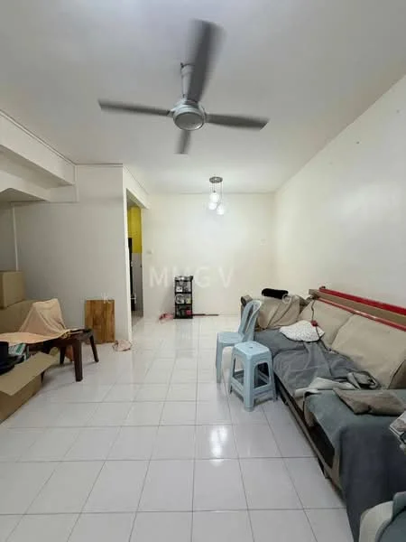 Living features: white painted walls, glossy white tile flooring, 5-blade ceiling fan with light, sofa with beige upholstery, coffee table, plastic chair, decorative throw blankets, suspended light fixture.