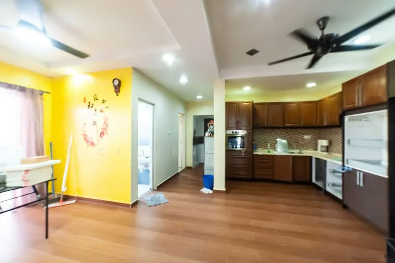 Kitchen features: wood cabinetry, stainless-steel fridge, built-in oven, 4-burner gas hob, ceramic tile backsplash, single-bowl stainless-steel sink, chrome pull-down faucet, dark wood cabinets, light brown laminate flooring, ceiling fan, recessed downlights; style: modern. Living features: yellow painted walls, large window with sheer curtains, laminate flooring, ceiling fan, open layout, wall-mounted light fixture; style: modern.