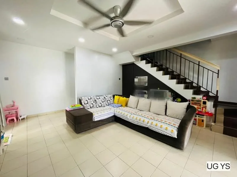 Living features: L-shape sectional sofa in grey, ceiling fan, white painted walls, tile flooring, staircase with wooden railing, decorative throw pillows, children's play area with small furniture, open layout; style: modern.