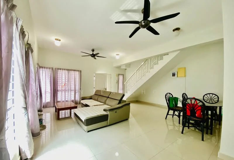 Living features: 3-seater fabric sofa in grey, coffee table, 2 ceiling fans, white painted walls, glossy tile flooring, large windows with sheer curtains, dining table with 4 chairs, staircase with white railing, recessed lighting; style: modern.
