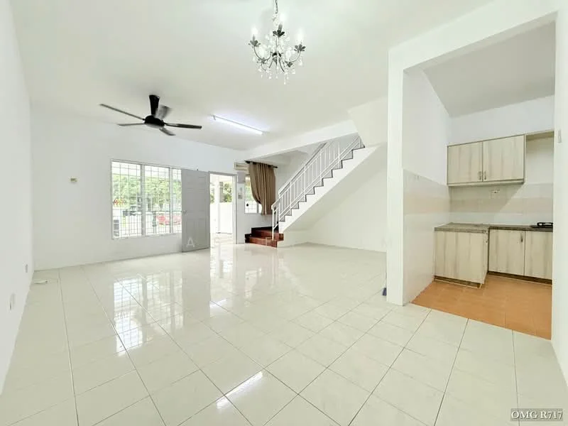 Living features: white painted walls, glossy white tile flooring, 5-blade ceiling fan with light, chandelier, floor-to-ceiling windows, sliding glass door, curtains, staircase with white railing, open layout to kitchen, natural light from windows; style: modern; view: garden. Kitchen features: light wood cabinetry, grey countertop, sink, stainless-steel faucet, tile backsplash, ceramic tile flooring; style: modern.