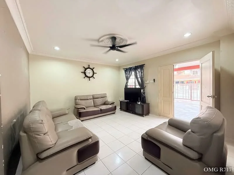 Living features: light grey leather sofas, 3-seater sofa, 2-seater sofa, ceiling fan with light, wall-mounted TV, white tiled flooring, cream painted walls, black curtains, decorative wall clock, door leading outside; style: modern.