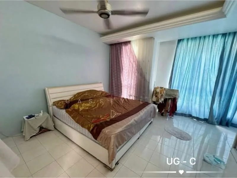 Bedroom features: king-size bed with beige bedding, white upholstered bed frame, ceiling fan, floor-to-ceiling windows, sheer curtains, blue curtains, white tiled flooring, decorative wall with light blue paint, side table, laundry drying rack; style: modern.