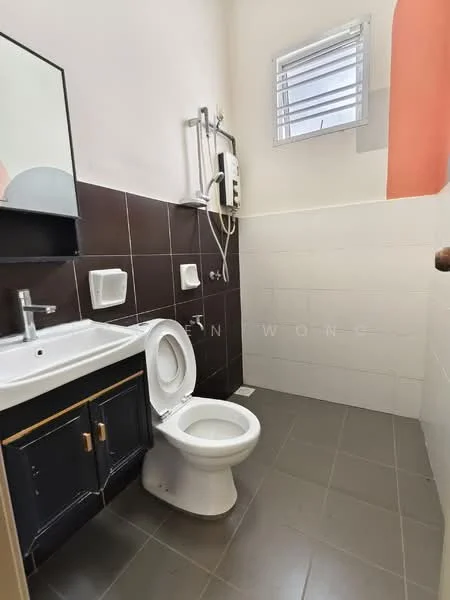 Bathroom features: white ceramic toilet, single-sink vanity with black cabinet, chrome basin mixer faucet, mirror above sink, shower head with wall-mounted controls, grey tile flooring, white tiled walls, black accent wall, window with horizontal slats; style: modern.