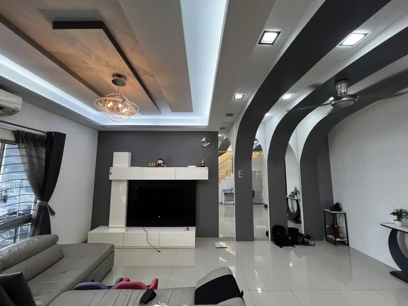 Living features: grey accent wall, white painted walls, recessed ceiling with LED lighting, chandelier, 5-blade ceiling fan with light, large flat-screen TV, white TV console, cream leather sectional sofa, decorative wall clock, curtains, tile flooring; style: modern.
