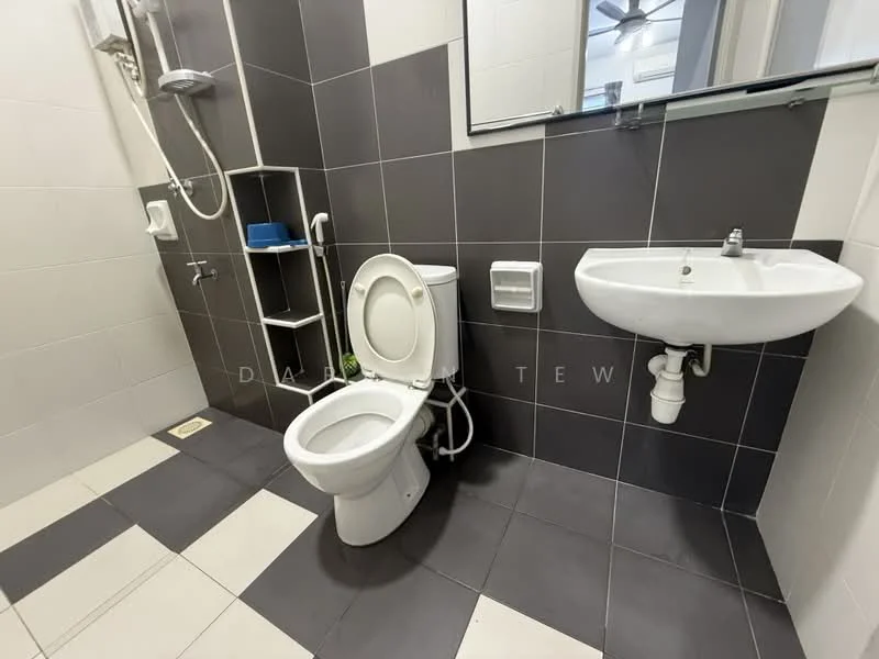 Bathroom features: white toilet, single-sink vanity with wall-mounted faucet, mirror above sink, shower with wall-mounted shower head, grey tiled walls, black tiled accent wall, white floor tiles, open shelving unit, towel holder, small plant decoration; style: modern.