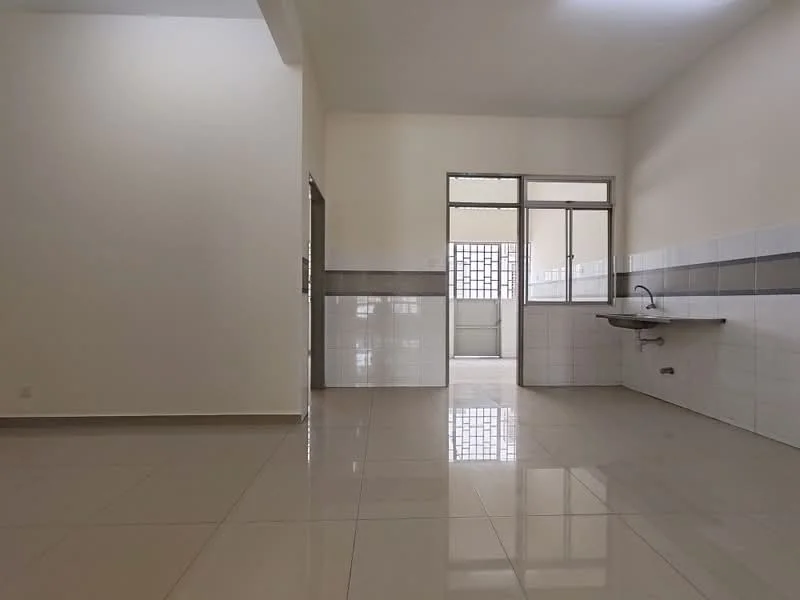 Kitchen features: white painted walls, glossy ceramic tile flooring, single-bowl stainless-steel sink, chrome pull-down faucet, white tiled backsplash, window with grid pattern, counter space, open layout; style: modern.