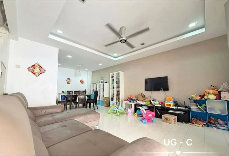 Living features: 3-seater leather sofa in beige, ceiling fan with light, recessed downlights, wall-mounted TV, TV console, white tiled flooring, decorative wall art, open shelving unit, area rug, toys and children's items scattered, dining area visible in background, glass display cabinet; style: modern.