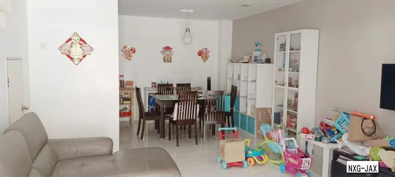 Living features: light grey leather sofa, white painted walls, cream tiled flooring, dining table with six wooden chairs, glass dining table, open shelving unit with storage boxes, decorative wall art, hanging pendant light, children's toys scattered on the floor, colorful plastic play items; style: modern.