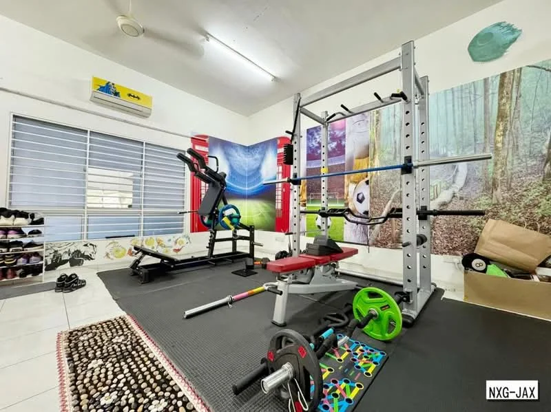 Room features: exercise bench, weightlifting rack, barbell with weights, dumbbells, treadmill, rubber flooring, wall-mounted air conditioning unit, decorative wall art with nature theme, window with horizontal blinds, shoe rack, area rug, ceiling lights; style: modern.