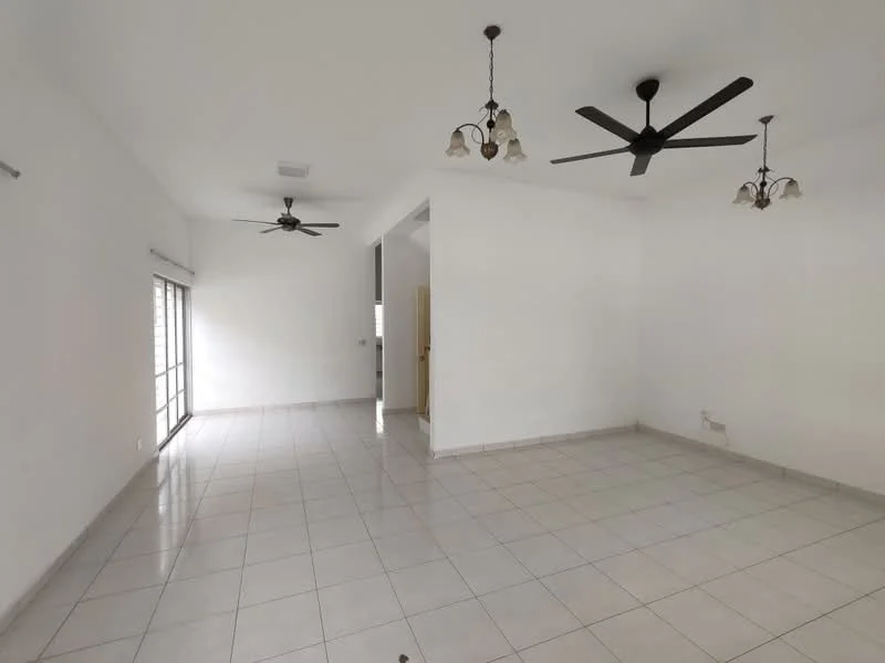 Living features: white painted walls, glossy ceramic tile flooring, 2 ceiling fans with lights, large sliding glass door, natural light from windows, neutral color scheme, open layout, no visible furniture; style: modern.