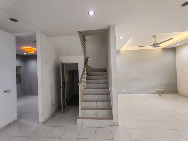 Living features: white painted walls, tile flooring, ceiling fan, recessed downlights, staircase with wooden railing, open layout, large windows, neutral color scheme; style: modern. Room features: white painted walls, tile flooring, doorway leading to another room, staircase visible.