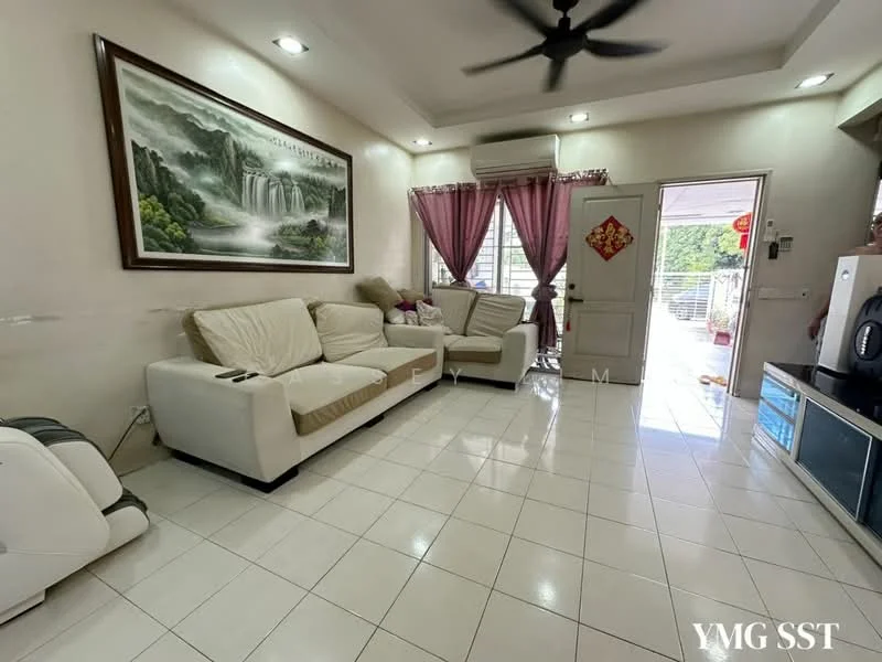 Living features: white painted walls, glossy white tile flooring, 5-blade ceiling fan, sofa in cream fabric, coffee table, wall-mounted TV, framed artwork of a waterfall, curtains in sheer pink fabric, air conditioning unit, built-in cabinetry, decorative wall clock; style: modern.