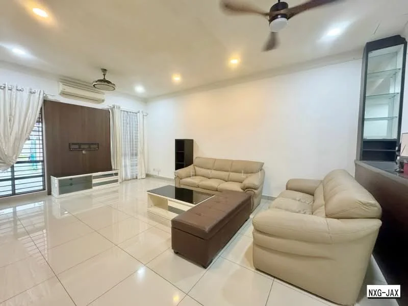 Living features: cream leather 3-seater sofa, cream leather 2-seater sofa, brown leather ottoman, glass coffee table, white painted walls, white ceiling, recessed downlights, 5-blade ceiling fan with light, floor-to-ceiling windows with sheer curtains, tile flooring, wall-mounted TV unit, decorative wall panel, air conditioning unit; style: modern.